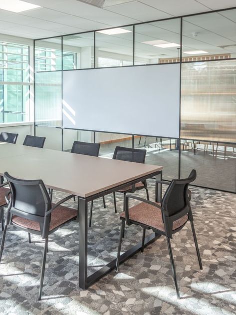 Glass Meeting Room Reeded Glass Partition, Organic Office Design, Glass Meeting Room, Glass Conference Room, Glass White Board, Hybrid Office, Glass Partition Designs, Glass Whiteboard, Glass Office Partitions