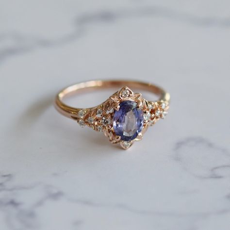 Arwen lavender sapphire engagement ring. LOTR Fantasy ring. Rose gold engagement ring. Lavender sapphire and diamond ring by Eidelprecious Cute Engagement Rings Sapphire, Promise Rings Moonstone, Unique Fantasy Engagement Rings, Colorful Gold Engagement Ring, Tangled Themed Engagement Rings, Engagement Ring Tanzanite, Engagement Rings With Filigree, Amythist Stones Ring, Blue Unique Engagement Rings