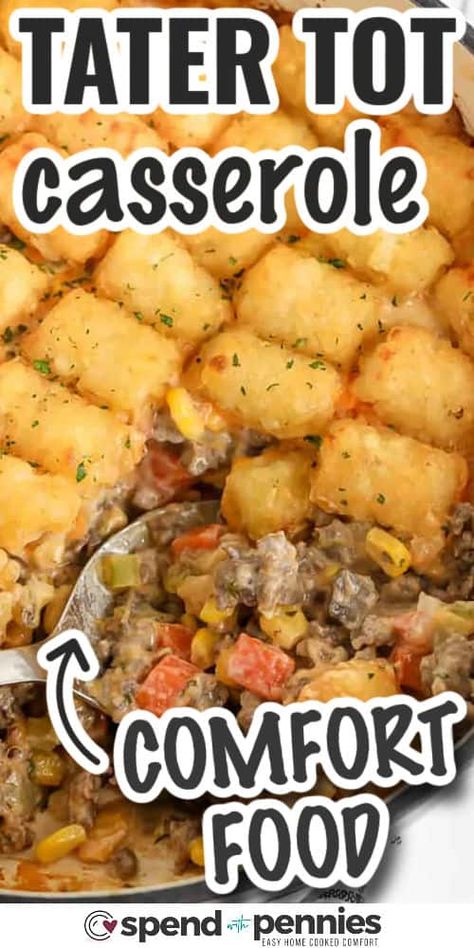 Whip up a delicious tater tot casserole for the best in comfort food that's incredibly simple to prepare! This recipe combines seasoned ground beef and veggies in a creamy cheese sauce, all baked under a layer of crispy tater tots. Transform it into a breakfast delight by adding sausage or bacon, or switch out the ground beef for chicken. With endless options, it's sure to become a family favorite! #spendwithpennies #tatertotcasserole #tatertotcasserolerecipe #besttatertotcasserole Gator Tot Casserole Ground Beef, Tater Tot Casserole With Ground Beef, Hamburger Tater Tot Casserole, Ground Beef And Veggies, Easy Tater Tot Casserole, Beef And Veggies, Chicken Potato Casserole, Tuna Casserole Easy, Seasoned Ground Beef