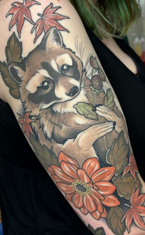 Neo Trad Animals, American Traditional Raccoon Tattoo, Fox And Raccoon Tattoo, Traditional Raccoon Tattoo, Raccoon And Flowers Tattoo, Neotraditional Raccoon Tattoo, Hedgehog Tattoo, Raccoon Tattoo, Colour Tattoo