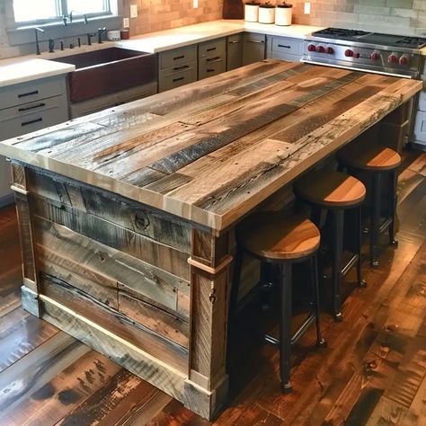 Rustic Wood Kitchen Island, Log Cabin Kits Prices, Rustic Kitchen Island With Seating, Rustic Kitchen Island Ideas, Island Remodel, Log Cabin Kitchen, Alaska House, Reclaimed Wood Kitchen Island, Inviting Kitchen