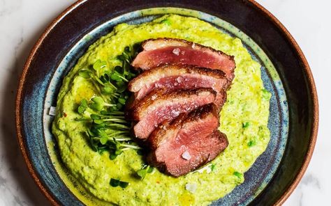 Seared Duck with Broccoli-Pea Purée | Tried & True Recipes Easy Elegant Dinner, Broccoli Puree, Steak Dinner Sides, Seared Duck, Trim Healthy Recipes, Baked Rigatoni, Easy Protein, Tried And True Recipes, Duck Breast