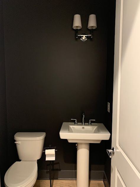 UPDATING A BORING POWDER ROOM - design indulgence Black And White Powder Room Ideas, Black Powder Room Ideas, Dark Powder Room Ideas, Fun Powder Room Ideas, Dark Powder Room, Powder Room Ideas Modern, Black And White Powder Room, Dramatic Powder Room, Grey Powder Room