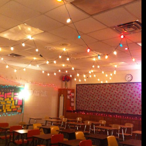 Lights hung in my classroom! Love them! Do I have  to take them down after Christmas? Fairy Lights Classroom Decor, Hanging Lights In Classroom, Alternative Lighting Classroom, Christmas Lights In Classroom, Classroom Led Lights, Classroom Fairy Lights, Led Lights Classroom, Classroom Lamps, Classroom Lamp