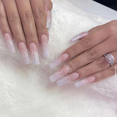 White French Tip Flame Nails, White Flame Nails Coffin, French Tip With Fire Design, French Tip Flame Nails, White Nails With Flames, Fire French Tip Nails, Square Flame Nails, White Flames Nails, Flame Tip Nails