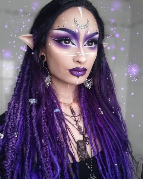 Purple Fairy Makeup, Purple Dreadlocks, Elven Makeup, Purple Jasmine, Dark Fairy Makeup, Synthetic Dreadlocks Extensions, Jasmine You, Elf Cosplay, Witch Makeup