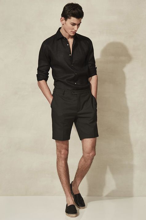 Men's summer outfit - black shirt, shorts and espadrilles. For more men's Summer outfit inspiration, check out the full gallery on MensFlair.com. Formal Shorts Outfit Men, Men Black Shorts Outfit, Mens Black Shorts Outfit, Formal Shorts Outfit, Espadrilles Outfit Men, Black Shorts Outfit Men, Men's Summer Outfits, Black Shoes Outfit, Bali Outfit