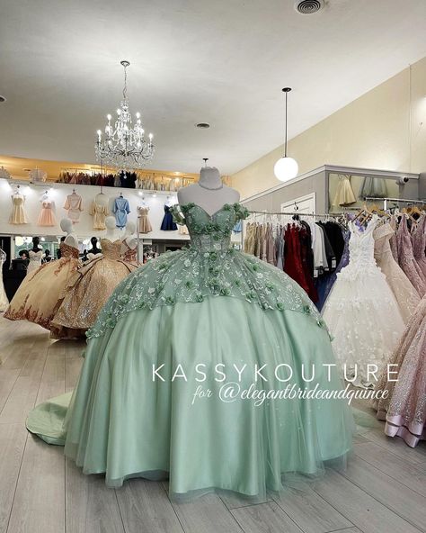 Sage Quince, Sage Green Quince, Sage Green Quinceanera Dresses, Sage Green Quinceanera, Quinceanera Dresses Charro, Sage Gown, Quinceanera Dresses Green, Green Quince Dress, Ball Gowns For Women