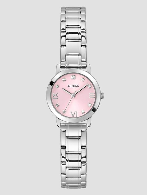 Simply elegant, this silver-tone watch is designed with a glossy pink dial featuring genuine diamond marker at the 12 o'clock hour and a polished steel bracelet. Guess Women Watches, Sleek Watch, Dope Jewelry Accessories, Silver Watches Women, Trendy Watches, Guess Watch, Pink Watch, Dope Jewelry, Jewelry Essentials