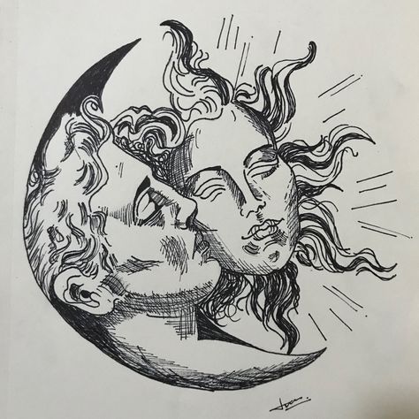 Moon and sun love Easy Gothic Sketches, Ink Pen Sketch, Aesthetic Drawing Ideas Grunge, Symbolic Sketches, Artsy Drawings Aesthetic, Cool Pen Drawings, Obsession Drawing, Vintage Drawing Ideas, Gothic Sketches