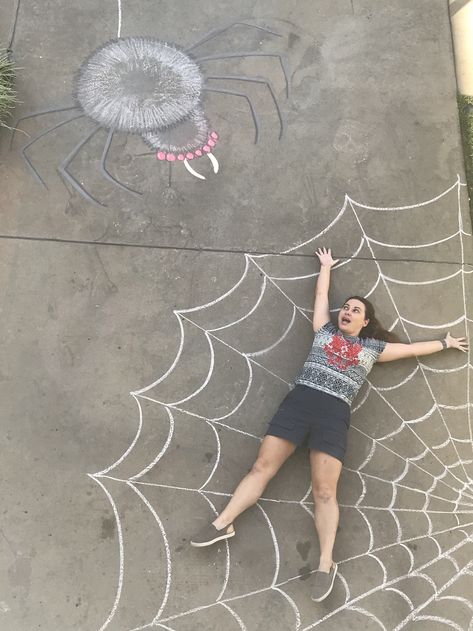 #sidewalkchalkadventures Giant spider Halloween chalk art Spider web Chalk Art Sidewalk, Halloween Chalk Art, Sidewalk Chalk Photos, Driveway Chalk, Spider Halloween Decorations, Chalk Photography, Chalk Pictures, Chalk Photos, Rue Style