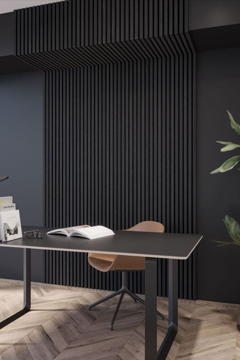 Black Wooden Wall Panels, Black Slat Wall, Wood Paneled Ceiling, Acoustic Panelling, Oak Panelling, Superior Walls, Cafe Designs, Dark Accent Walls, Decorate Wall