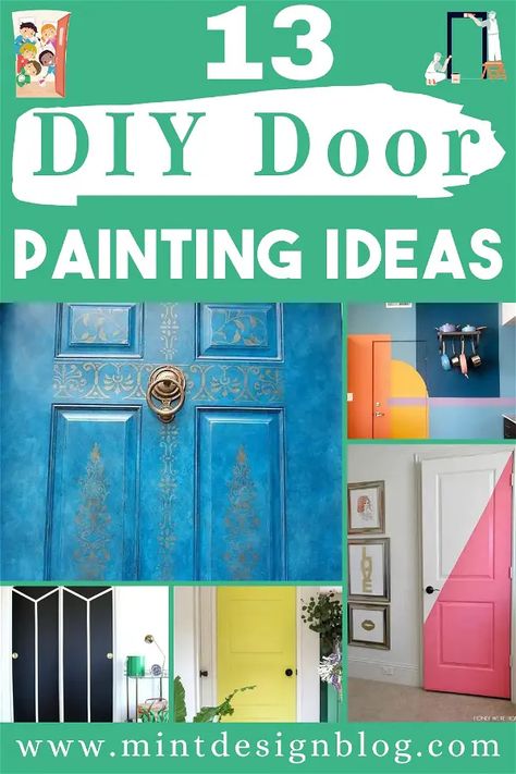 Here are 13 ideas for DIY door painting projects that will have your neighbors asking you for tips on their next project. More than anything, it's essential to be comfortable with your choice—after all, you'll look at this every time you leave and return home! Cool Door Designs, Painted Barn Doors In The House, Cool Painted Doors, How To Paint A Door, Painted Inside Doors, Painting Inside Doors, Diy Door Painting Ideas, Cool Door Painting, Door Painting Ideas Creative