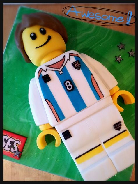 Lego minifig footballer cake. Perfect for a boys football party Lego Man Cake, Boys Football Party, Lego Soccer, Lego Football, Football Cakes, Soccer Cake, Man Cake, Cake Boutique, Boys Football