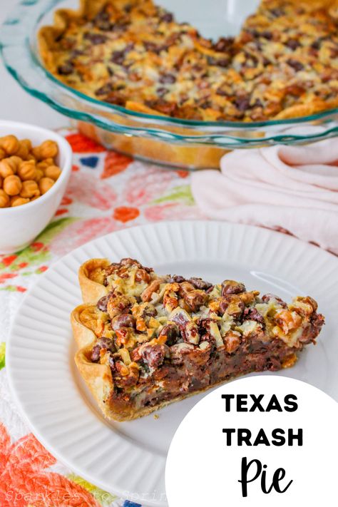 Texas Trash pie is loaded with chocolate chips, caramel bits, pecans, pretzels, and shredded coconut, that is all mixed together with a can of sweetened condensed milk. While this pie may seem like it has a lot going on, it is sure to be a huge hit with your friends and family. Chocolate Chip Coconut Pie, Trash Can Pie, Texas Trash Pie Recipe Southern Living, Condensed Milk Pecan Pie, Trash Pie Recipe, Texas Trash Pie Recipe, Texas Trash Pie, Trash Pie, Pretzel Pie