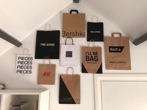 Shopping Bags On Wall For Room Decor, Bags On Wall Aesthetic, Paper Bag Walls, Foundation Elf, Essence Foundation, Elf Hair, Room Wishlist, Bag Wall, Purple Rooms