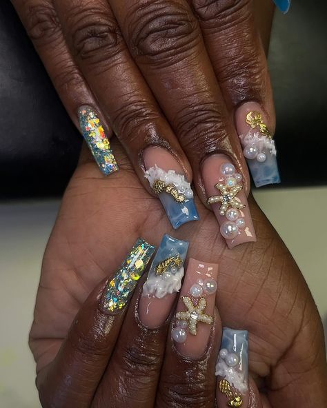 Under the Sea 🌊🐚🩵 #nails #nailsofinstagram #nailart #acrylicnails #pinknails #whitenails #gelnails #naildesigns #jacksonmsnailtech #freestylenails #longnails #gelpolish #pastelnails #glitternails #rainbownails #longnails #squarenails #coffinnails #manicure #atlantanailtech #instanails #ombrenails #beachnails #atlnailtech #explorepage Under The Sea Nails, Mermaid Nail, Sea Nails, Mermaid Nails, Rainbow Nails, Pastel Nails, Beach Nails, Square Nails, Ombre Nails