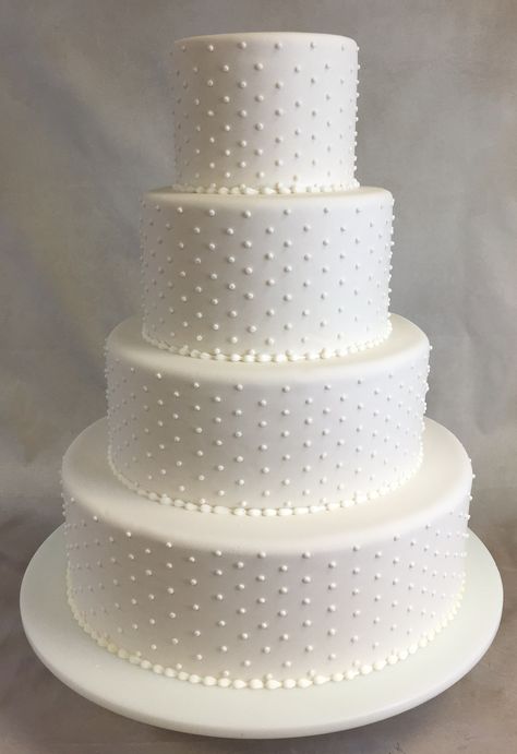 Swiss Dot Wedding Cake, Pearl Cake Wedding, Wedding Cakes Pearls, 2024 Wedding Cake Trends, White Pearl Wedding Cake, Minimalistic Wedding Cake, Pearl Themed Wedding, 4 Tier Wedding Cakes, Wedding Cake With Pearls