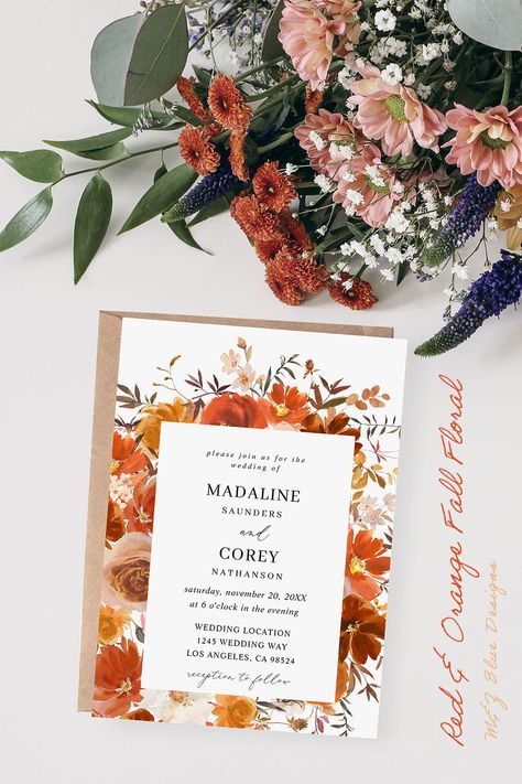 Wedding Invitation - Red & Orange Fall Floral B 
Rust Oranges (burnt orange), Golden Yellow, Terra Cotta, Pink, and Off White hand painted florals create this Terra Cotta Sunrise Wedding Invitation. Perfect for fall. Printed on professional level, high quality printers, your wedding invitations will be at the custom luxury made level, but without the high price. It's easy to create your own wedding invitation, just enter in your info into our templates. Click the link (or title) to start. Fall Floral Wedding, Orange Invitation, Earth Tone Wedding, Orange Bridesmaid, Burnt Orange Weddings, Wedding Table Designs, Painted Florals, Terracotta Wedding, Boho Invitations