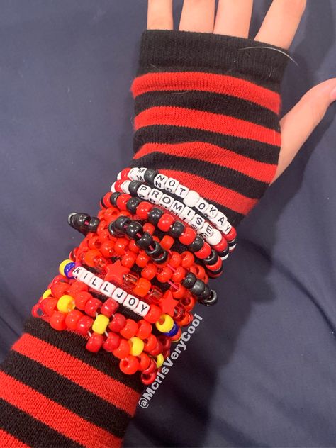 2000s Emo Bracelets, Scene Emo Bracelets, Emo Scene Bracelet, Red Kandi Bracelets, Mcr Kandi Bracelets, Emo Clay Bead Bracelets, Red And Black Kandi, Scenecore Bracelets, Scene Kid Bracelets