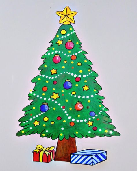 Christmas Scene Drawing, Easy Christmas Drawings, Christmas Tree Drawing, Christmas Drawings, Diy Room Decor Videos, Cat Christmas Tree, Scene Drawing, 50 & Fabulous, Christmas Tree Painting