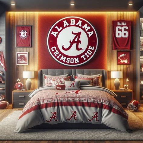 Alabama Crimson Tide Football Fans | My dream bedroom 😍❤️ | Facebook Alabama Room Ideas, Alabama Bedroom, University Of Alabama Decor, University Of Alabama Wall Art, Alabama Decor Crimson Tide, Alabama Crimson Tide Football Wallpaper, Football Bedroom, Alabama Crimson Tide Football, Alabama Roll Tide