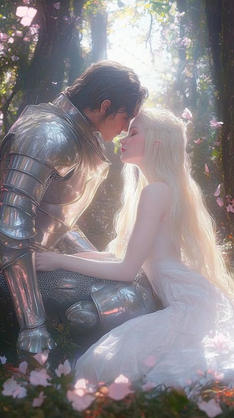 This delightful painting showcases a romantic scene from a fairy tale. A knight and a bride share a tender moment, their eyes locked in a gaze of pure love and admiration, forming an unbreakable bond of Twin Flame love. Their divine strength radiates from the canvas, inspiring viewers to believe in love's power. The scene truly feels like an ethereal scenario, surrendering itself to the magical realm of fairy-tales. Dark Fantasy Artwork, Romantic Paintings, Twin Flame Love, Mystical Forest, Romance Art, Love Romantic, Romantic Scenes, Pure Love, Anime Couple