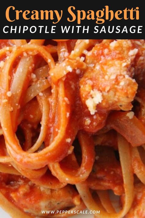 Chipotle Spaghetti, Chipotle Recipe, Sausage And Bacon, Ground Beef Pasta Recipes, Chipotle Recipes, Spicy Steak, Creamy Spaghetti, Spicy Meatballs, Cream Pasta