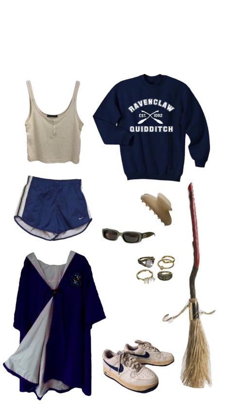 Ravenclaw Robes Aesthetic, Summer Ravenclaw Outfits, Raven Claw Aesthetic Outfits, Modern Ravenclaw Outfit, Hogwarts Aesthetic Outfits Ravenclaw, Ravenclaw Cheerleader Outfit, Ravenclaw Summer Outfit, Harry Potter Outfits Ravenclaw, Ravenclaw Uniform Aesthetic