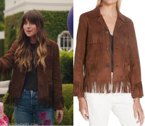 How To Style Fringe Jacket, Brown Suede Fringe Jacket Outfit, The High Note Dakota Johnson Outfits, Dakota Johnson High Note, Dakota Johnson The High Note, Brown Fringe Jacket Outfit, Suede Fringe Jacket Outfit, Brown Suede Jacket Outfit, Brown Fringe Jacket