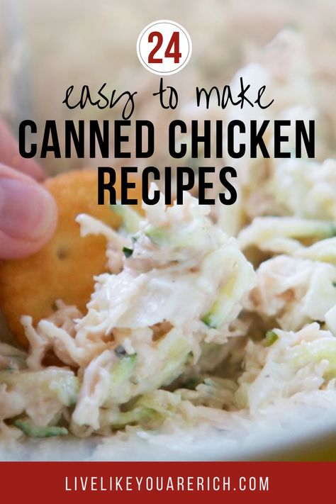 I have a lot of canned chicken. I realized that I need to make more meals with it—especially since it is a convenient and inexpensive way to add protein to a meal. So, I went on a canned-chicken-recipe hunt on Pinterest. I found some excellent easy recipes, and I thought I’d share them with you. Quick Meals With Canned Chicken, Can Chicken Appetizer Recipes, Lunches With Canned Chicken, Easy Can Chicken Recipes Dinner Ideas, What Can You Make With Canned Chicken, Best Canned Chicken Recipes, Can Chicken Recipes Easy Quick, How To Season Canned Chicken, Mary Made Easy Recipes