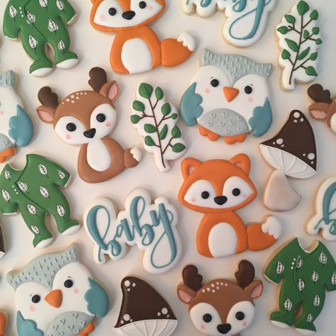 Decorated sugar cookies, woodland themed Woodland Creature Cookies Decorated, Forest Animals Cookies Decorated, Woodland Shower Cookies, Cute Animal Cookies, Woodland Royal Icing Cookies, Woodland Cookies Baby Boy, Woodland Animal Cookies Decorated, Woodland Decorated Cookies, Woodland Themed Cookies