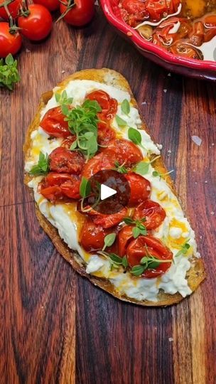 12K reactions · 2K shares | Tomato madness first thing 🙃

This easy recipe is perfect for a lazy weekend brunch or a quick weekday breakfast. Just prep the confit ahead of time! Trust us, your taste buds will thank you 🙌

- 4 slices of bread
- 10-12 cloves of garlic, peeled
- 2 cups cherry tomatoes
- 1/2 cup of extra virgin olive oil
- 1/2 tsp each - oregano, Italian herbs, and savory 
- 1/4 tsp red pepper flakes (optional)
- burrata cheese
- Flaky sea salt
- fresh basil leaves to garnish

Preheat the oven to 350°F (180°C).
In a baking dish, mix together the garlic, cherry tomatoes, spices, and extra virgin olive oil.
Roast in the oven for 40-45 minutes until the tomatoes and garlic are soft and slightly caramelized.
While the confit is roasting, toast the bread slices until they are gol Breakfast Italian, Roast In The Oven, Tomatoes On Toast, Cherry Tomato Recipes, Weekday Breakfast, Italian Herbs, Italian Breakfast, Mediterranean Diet Plan, Burrata Cheese