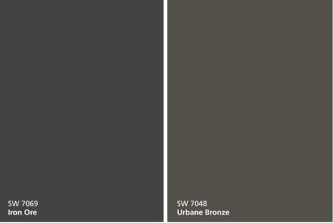 Sherwin Williams Urbane Bronze SW 7048 vs Iron Ore SW 7069 paint colors. #sherwinwilliams #paint #gray #popular #home #ideas Iron Ore Vs Urbane Bronze Sherwin Williams, Urban Bronze Wall Color, Sherwin Williams Iron Ore Vs Urbane Bronze, Sherwin William Urban Bronze, Sw Urbane Bronze Front Door, Urban Bronze Paint Color, Urban Bronze Front Door Color, Urbane Bronze Front Door Exterior, Urbane Bronze Sherwin Williams Front Door