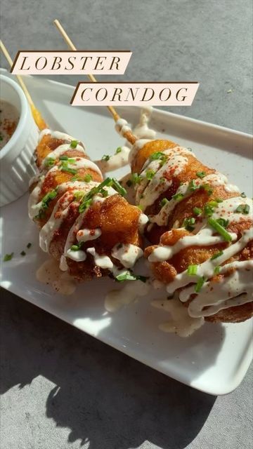 Lobster Corn Dogs, Lobster Cakes, Lobster Corndogs, Lobster Fries Recipe, Fried Lobster Bites, Spiny Lobster Recipe, Corn Dog Recipe With Pancake Batter, Lobster Tail Meal, Lobster Croquette