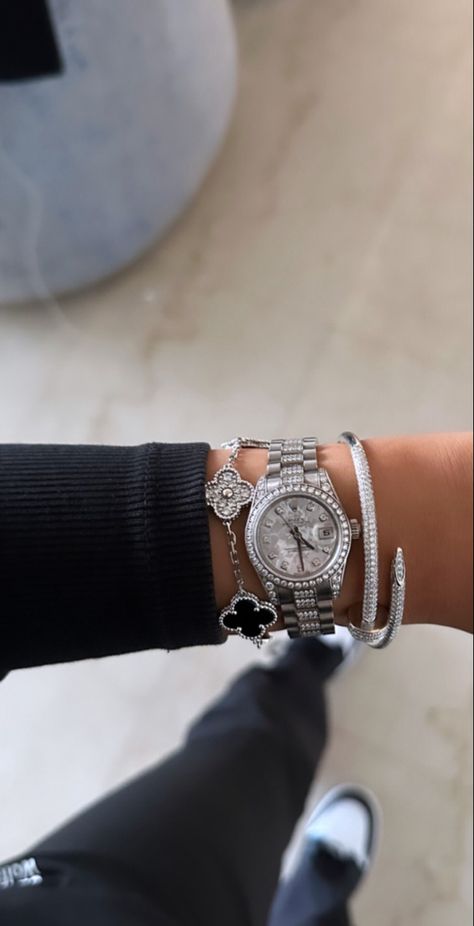 Watch Jewelry Stack, Silver Watch Stack, Watch Stack, Girly Bracelets, Classy Lifestyle, Preppy Bracelets, Wrist Jewelry, Luxe Jewelry, Luxury Bracelet