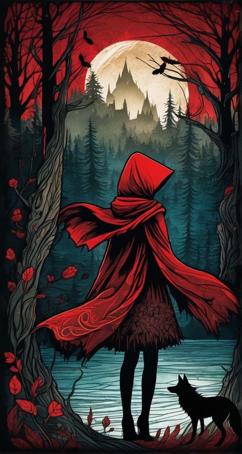 Little Red Riding Hood Art, Red Riding Hood Aesthetic, Samhain Traditions, Animated Witch, Red Riding Hood Wolf, Hood Wallpapers, Red Riding Hood Art, Witch Wallpaper, Artsy Pictures