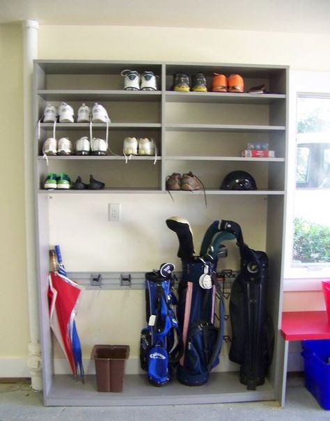 custom garage or basement storage Stroller Storage Ideas, Golf Closet, Best Stroller, Stroller Storage, Shed Designs, Softball Gear, Basement Organization, Shed Garage, Modern Shed