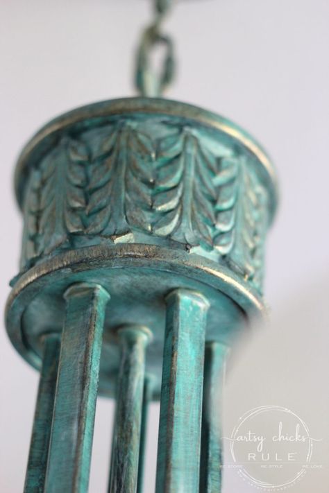 How To Creative Faux Verdigris - SO Simple!! (see the video!) artsychicksrule.com #fauxverdigris #createfauxverdigris #fauxfinishes #gilderspaste #patina Chalk Paint Furniture Dresser, Patina Diy, Painted Chandelier, Distressed Furniture Painting, Chandelier Makeover, Stationary Storage, Patina Paint, Picnic Baskets, Furniture Painting Techniques