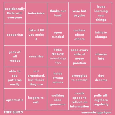 Myers-Briggs 4 You on Instagram: “The full ENFP Bingo is up in my stories! 💃🏻 ⁣ ⁣⁣ ⁣⁣ Tags 🏷 ⁣⁣⁣ ⁣⁣⁣ ⁣⁣ #enfp #enfppersonality #enfpproblems #enfpconfessions #enfpgirl…” Enfp Bingo, Infp Bingo, Meyers Briggs, Enfp Personality, Infp Personality, Myers–briggs Type Indicator, Love Journal, Myers Briggs Type, Enneagram Types