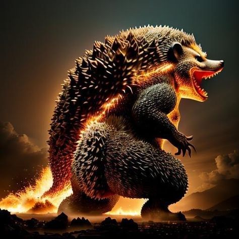 Giant godzilla-like hedgehog. Generated by Stable Diffusion ANN Hedgehog Monster, Cryptid Design, Godzilla, Stables, Fantasy Creatures, Design