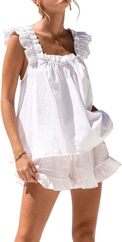 Amazon.com: Xfileen Women's Fashion Summer Short Sets Cozy Ruffle Trim Cami and Shorts 2 Piece Outfits Pajama Sets White : Clothing, Shoes & Jewelry Pijamas Women, Pajamas Sets, Summer Pajamas, Cotton Pajama Sets, Ruffle Shorts, Cotton Pyjamas, Color Shorts, Pajama Sets, Chic Woman