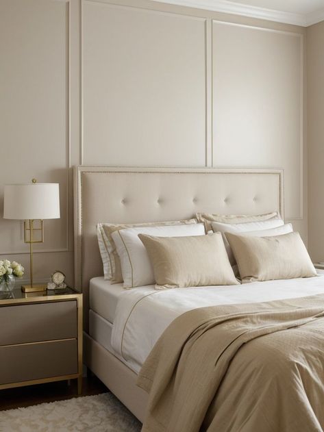 Create a calming atmosphere by painting your bedroom walls in neutral tones such as soft beige or pale gray. Add a touch of elegance with a tufted upholstered headboard and complete the look with white bedding and gold accents. Beige Tufted Headboard Bedroom, Tufted Headboard Bedroom, Tufted Upholstered Headboard, Bedroom Walls, Calming Atmosphere, Tufted Headboard, Bedroom Headboard, Soft Beige, White Bedding