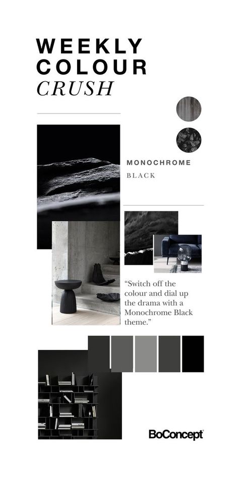 Switch off the colour and dial up the drama with a Monochrome Black theme Achromatic Aesthetic, Monochrome Aesthetic Color, Monochromatic Website, Monochrome Branding, Monochrome Moodboard, Cliff Architecture, Color Palette Interior, Swatch Board, Monochrome Color Scheme