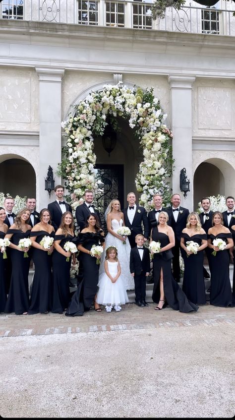 Monochromatic Wedding Party, Royal Wedding Photos, All Black Wedding Party Attire, Black White Bridal Party, Black Bridal Party Attire, Black And White Bridal Party, Navy Wedding Theme, Duke Mansion, Ivory Bride