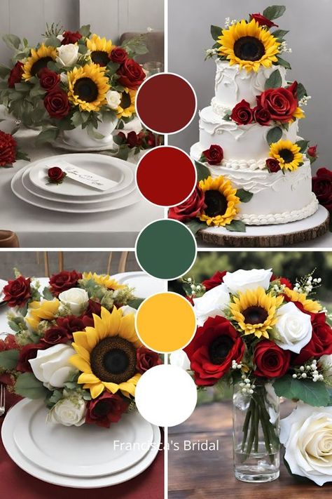 If you are looking for ideas to help you create your wedding color palette, then check out these beautiful sunflower wedding theme ideas to help inspire you! This wedding color palette consists of yellow sunflowers, white roses, and red roses to make a beautiful flower themed palette! | Wedding color schemes | Wedding color palettes | Wedding theme | Wedding theme ideas | Wedding colors | Wedding color inspiration | Wedding color ideas | Wedding themes | Wedding colors unique | Fall wedding color ideas | Winter wedding color ideas | Spring wedding color ideas | Summer wedding color ideas | Maroon And Sunflower Wedding Theme, Red Yellow And Orange Wedding, Fall Wedding Ideas Simple, Sunflower Wedding Color Palette, Red And Sunflower Wedding, Simple Fall Wedding Ideas, Rose And Sunflower Wedding Theme, Red And Yellow Wedding Theme, Fall Farmhouse Wedding