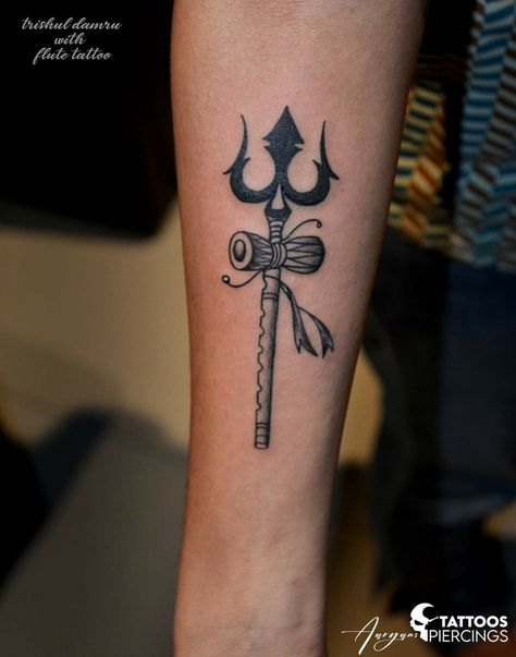 Trishul Damru Tattoo, Flute Tattoo Design, Damru Tattoo, Flute Tattoo, Trishul Tattoo Designs, Grim Reaper Art, Feather Tattoo Design, Zodiac Tattoos, House Signs