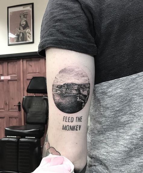 Miniature ultra detailed Cliffs of Moher tricep tattoo Cliffs Of Moher Tattoo, Cliff Tattoo, Cliffs Tattoo, Tricep Tattoo, Tricep Tattoos, Explore Tattoo, Tattoo Prices, Sleeve Ideas, About Tattoo