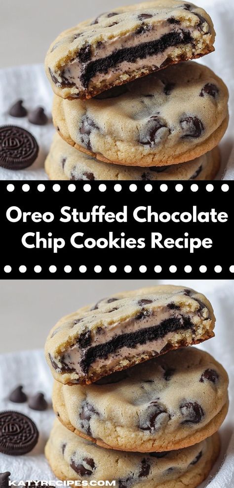 Looking for a dessert that stands out? These Oreo Stuffed Chocolate Chip Cookies are a unique sweet treat that blends flavors seamlessly. Perfect for holidays or casual get-togethers, they’re sure to delight everyone! Ultimate Cookie Recipe, Stuffed Chocolate Chip Cookies, Oreo Stuffed Chocolate Chip Cookies, Cute Food Ideas, Cookies Stuffed, Gooey Chocolate Chip Cookies, 12 Tomatoes Recipes, Tomatoes Recipes, Classic Cookies Recipes