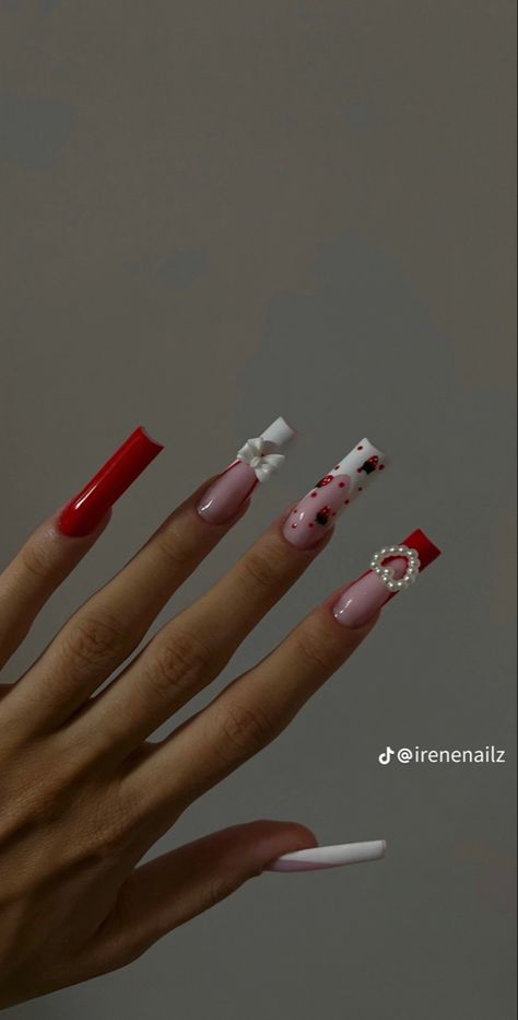 Medium Valentines Day Nails, Strawberry Shortcake Nails Designs, Strawberry Red Nails, Strawberry Shortcake Nails Acrylic, Valentines Day Nails Medium, Red Vday Nails, Y2k Valentines Nails, Valentines Day Nails With Initials, Strawberry Nails Acrylic